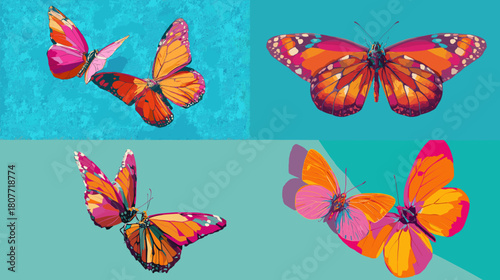 Vibrant illustration of butterflies in flight with bold colors and delicate wing patterns, capturing beauty, nature, and graceful movement in a modern artistic style.