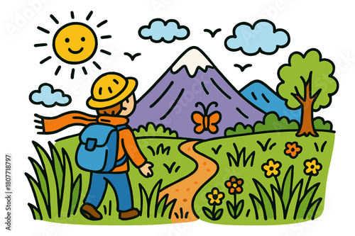 Scenic Mountain Doodle. mountain view. Colorful Hand-drawn doodle Children illustration mountain view person, tall grass, wind, distant mountain, clouds, sun,