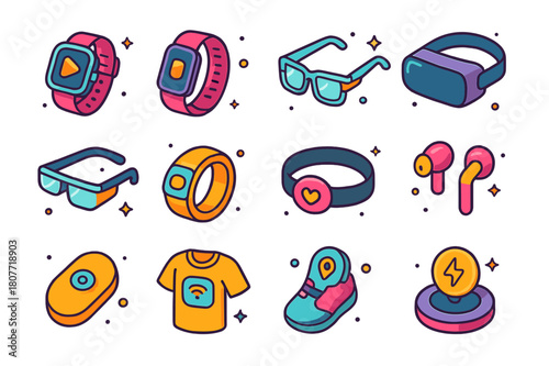Colorful Wearable Icons. Wearables. Colorful isometric vector icons set of Wearables: smartwatch, fitness tracker band, smart glasses, VR headset, AR headset,