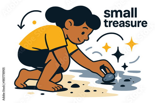 Beach Treasure Discovery. Pebble ? Beach Discovery. Child?s hand picks up a shiny stone from the wet sand; gentle sparkle icons mark the find. Caption ?small