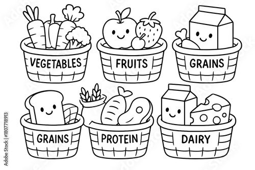Kids Food Group Coloring. Food groups basics children?s coloring book illustration, outlined drawing, five cute baskets labeled vegetables, fruits, grains,
