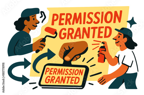 Dynamic Street Mural. Street art mural. A roller and spray can tag a bright wall; ?Permission granted? stamp pops with a click. Arrows sweep viewers? eyes