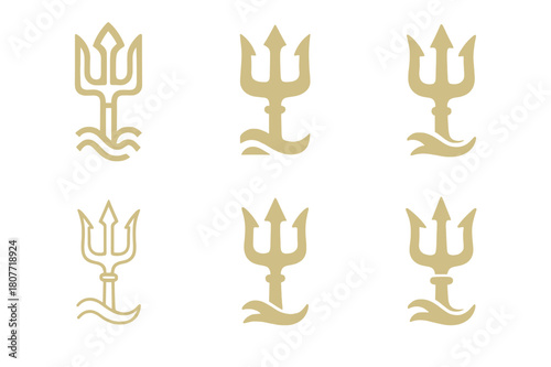 Divine Emblem Variations. Ancient gods and goddesses in a mystical landscape. Set Logo of Ancient gods and goddesses in a mystical landscape: Poseidon trident.