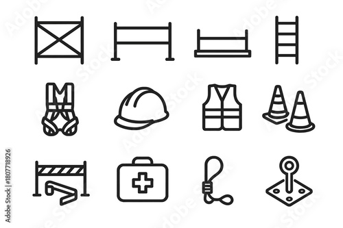 Scaffold Safety Icons. Scaffolding and Safety. Line icon set of Scaffolding and Safety: scaffold frame, guardrail, toe board, access ladder, safety harness,