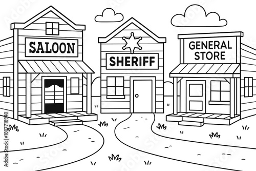 Western Town Coloring. Western town children?s coloring book illustration, outlined drawing, small wooden buildings with a saloon, sheriff?s office, and