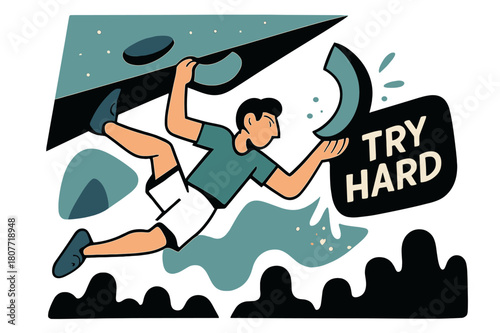 Dynamic Climbing Challenge. Bouldering Overhang Problem. Heels hook, core tight, the climber swings to a crescent-shaped pinch; ?TRY HARD? floats beside chalk