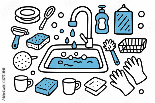 Doodle Kitchen Sink Scene. // Kitchen sink area. Hand-drawn doodle illustration kitchen sink area [sink (accented), faucet (accented), sponge, dish soap bottle
