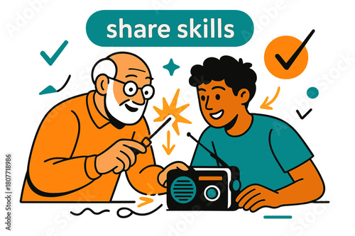 Skill Sharing Scene. Elderly ? Mentoring Moment. A senior shows a teenager how to fix a small radio; spark lines and checkmarks mark each step. Caption ?share