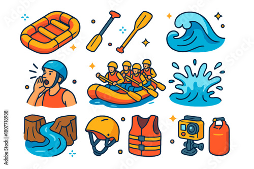 River Rafting Icons. River rafting adventures. Colorful isometric vector icons set of River rafting adventures: inflatable raft, T-grip paddle, whitewater
