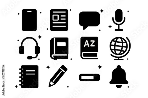 Study Tools Icons Set. Study Tools. Solid icons set of Study Tools: smartphone, app interface, chat bubble, microphone, headset, book, dictionary, globe,