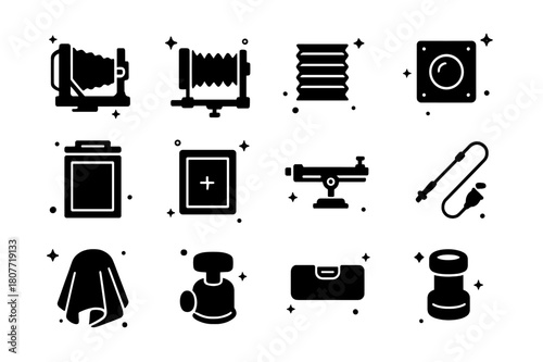 Large Format Camera Icons. Large Format Cameras. Solid icons set of Large Format Cameras: field camera, monorail camera, bellows, lens board, sheet film