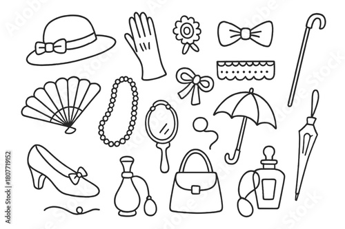 Vintage Accessories Doodles. Vintage fashion accessories. Hand-drawn doodle illustration Vintage fashion accessories hat, gloves, brooch, fan, pearl necklace,