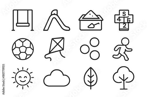 Playtime Icon Set. Playtime moments. Line icon set of playtime moments: swing, slide, sandbox, hopscotch, soccer ball, kite, bubbles, running child, smiling