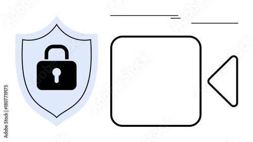 Shield with a lock beside a video camera icon highlights secure video recording, privacy, and data protection. Ideal for cybersecurity, encryption, surveillance, cloud storage, safety