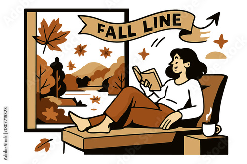 Autumn Serenity. Autumn forests & lakes. Maple reds and golds cascade outside; a leaf presses to the window with a tiny sparkle. ?Fall line? ribbon drifts