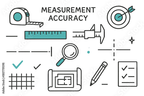 Measurement Tool Sketch. // Measurement accuracy. Hand-drawn doodle illustration Measurement accuracy [tape measure (accented), ruler (accented), target
