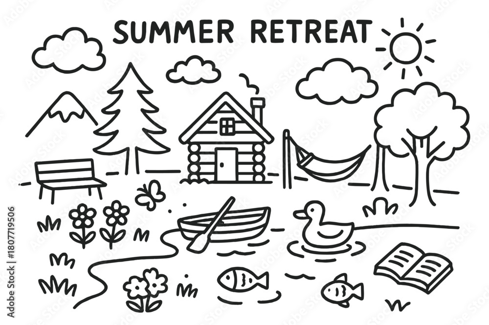 Fototapeta premium Summer Retreat Doodles. Summer retreat. Hand-drawn doodle illustration lake, cabin, tree, hammock, sun, clouds, mountain, boat, duck, butterfly, flowers,