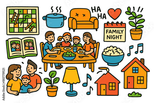 Family Bonding Doodles. Home life as part of family bonding. Colorful Hand-drawn doodle Children illustration Home life as part of family bonding board game,
