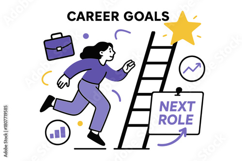 Career Success Visualization. Vision Board ? Career Goals. A tidy ladder leans toward a glowing goal star; caption ?Next Role? pins to a card.