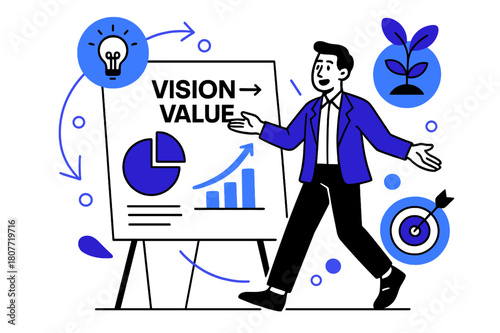 Dynamic Pitch Presentation. Developing a Business Pitch Deck. A presenter gestures toward clean slides featuring graphs and key phrases; a large title reads