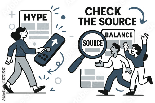 Media Literacy Illustration. Media literacy. A remote switches from ?Hype? to ?Context?; headlines rearrange into balanced blocks. A loupe highlights sources