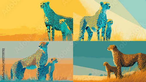 Striking illustration of cheetahs standing in open grassland with bold contrasting colors, capturing the speed, elegance, and alert posture of these iconic African wildlife predators.