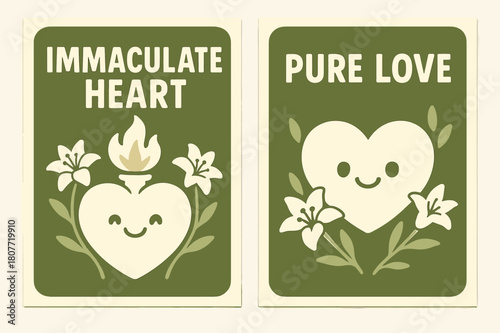 Smiling Heart Banners. Immaculate Heart. Two vertical A6 banners with safe margins, centered composition, no elements touching edges, kawaii, olive green and