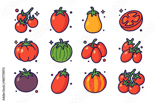 Colorful Tomato Varieties. Tomato varieties. Colorful isometric vector icons set of Tomato varieties: cherry tomatoes, plum tomatoes, beefsteak tomato,