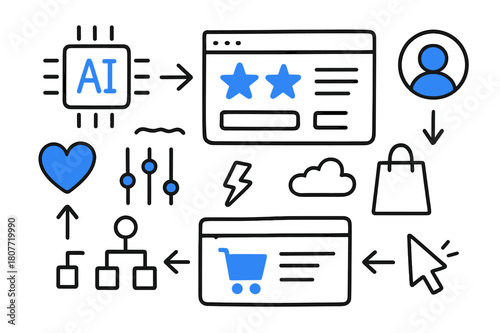 AI Recommendation Doodle. // AI recommendation engine. Hand-drawn doodle illustration AI recommendation engine [AI chip (accented), star icons (accented),