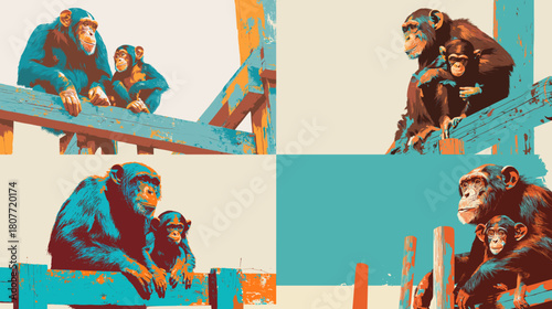 Vibrant illustration of chimpanzees sitting on wooden beams, featuring bold colors and expressive poses that highlight primate behavior, bonding, and wildlife observation.
