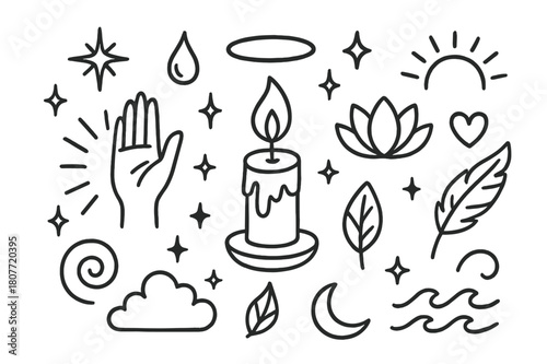 Spiritual Symbols Doodle. Spiritual light. Hand-drawn doodle illustration Spiritual light candle flame, aura ring, hand, star, lotus, sun ray, feather,