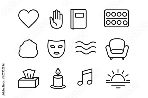 Art Therapy Icons. Art therapy and healing. Line icon set of art therapy and healing: heart, open hand, journal, watercolor set, clay lump, mask template,