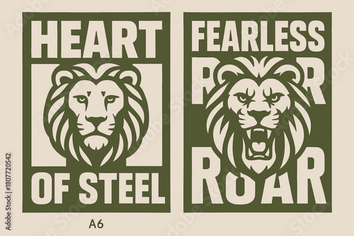 Lion Heart Banners. Lion Heart. Two vertical A6 banners with safe margins, centered composition, no elements touching edges, brutalist, olive green and cream,
