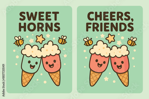 Cheerful Horns Celebration. Feasting Horns. Two vertical A6 banners with safe margins, centered composition, no elements touching edges, cartoon, mint and