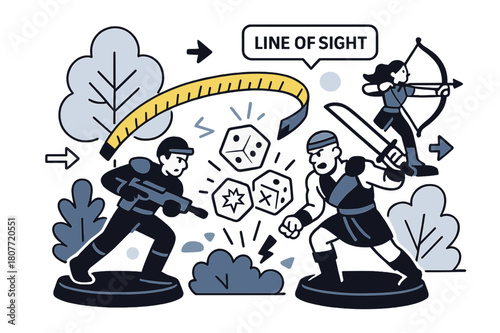 Miniature Battle Dynamics. Miniatures skirmish. A tape measure arcs between painted figures; ?Line of sight? tag pops over terrain. Dice explode into crisp