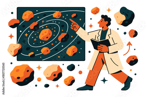 Astronomer Explores Asteroid Belt. Asteroid belt studies. Astronomer pointing at asteroid belt map with abstract floating asteroids, orbit paths, and sparkles;