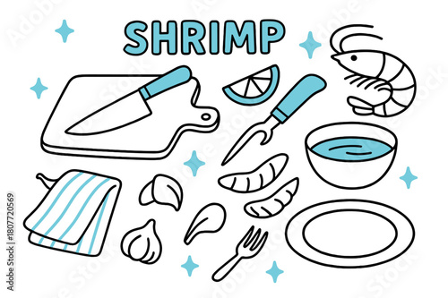 Shrimp Prep Icons. // Shrimp prep. Hand-drawn doodle illustration Shrimp prep [shrimp (accented), knife (accented), cutting board, lemon wedge (accented), bowl