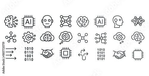 Artificial intelligence symbols: icons of ai, brain, circuit, and machine learning concepts