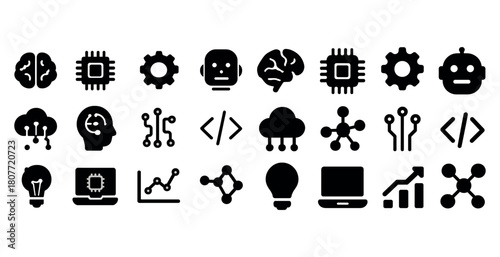 Artificial intelligence icons: brains, robots, chips, and technology symbols