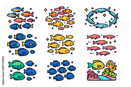 Colorful Reef Icons. Coral reef schooling species. Colorful isometric vector icons set of Coral reef schooling species: fusilier fish group, anthias cloud,