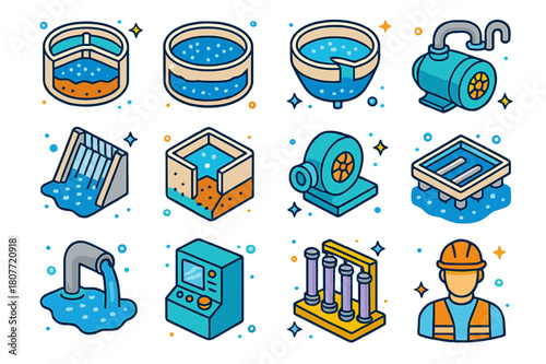 Isometric Wastewater Plant Icons. Wastewater treatment plant. Colorful isometric vector icons set of Wastewater treatment plant: primary clarifier, aeration