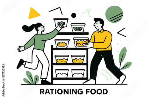 Sustainable Food Rationing. Rationing Food. Shelves stocked with pre-portioned food items and floating abstract geometric shapes, organized and sustainable