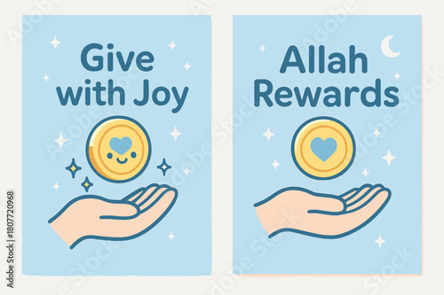 Charity Banners Delight. Charity & Smiles. Two vertical A6 banners with safe margins, centered composition, no elements touching edges, kawaii, sky blue and