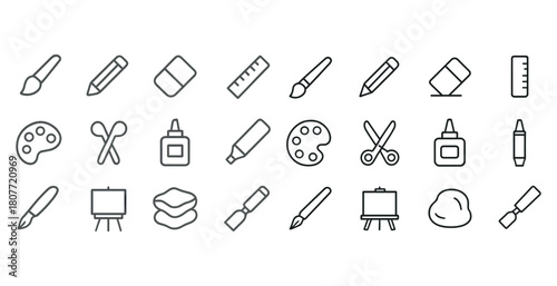 Line art of art supplies: brushes, pencils, erasers, rulers, palettes, scissors, glue, canvas