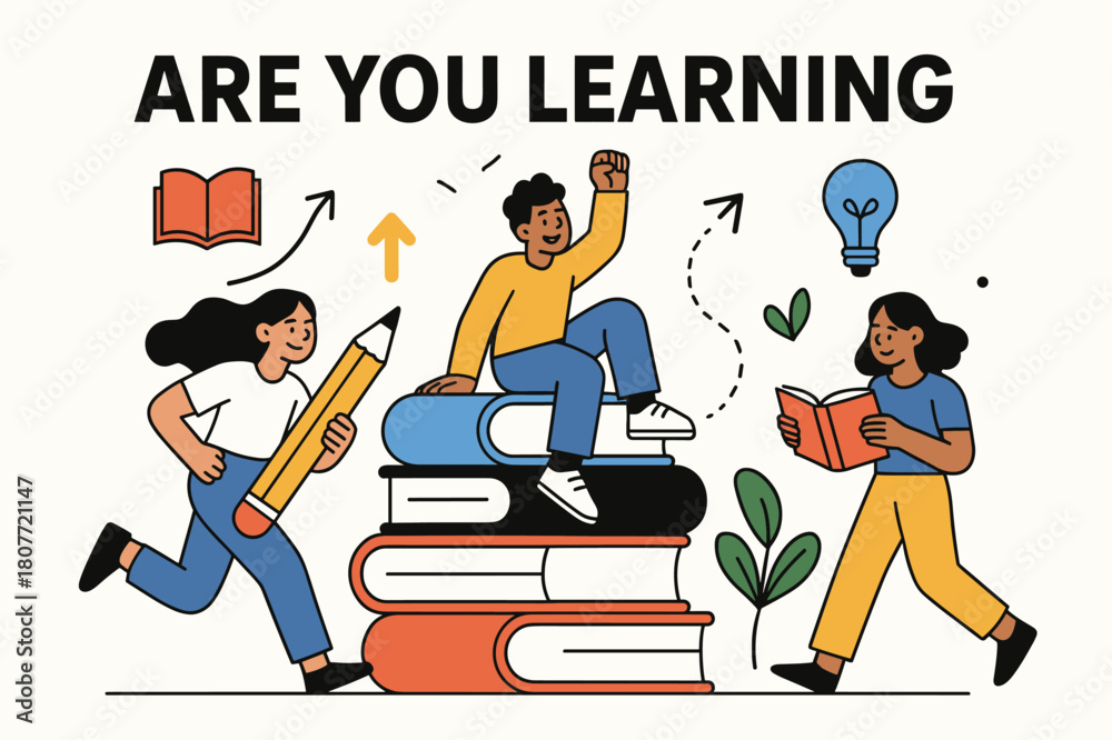 Naklejka premium Dynamic Learning Imagery. ARE YOU LEARNING. Books and pencils, knowledge and growth, inspiring quotes. Modern flat vector scene with expressive, stylized