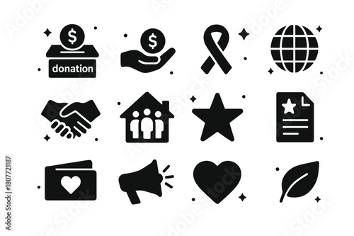 Charity Icons Grid. Charity and Support Foundations. Solid icons set of Charity and Support Foundations: donation box, coin hand, charity ribbon, globe,