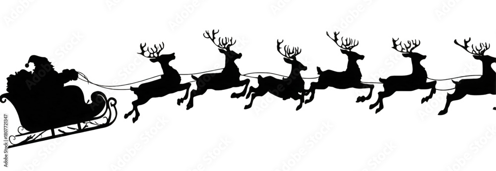 Fototapeta premium Black silhouette of Santa Claus flying in his sleigh with reindeer.