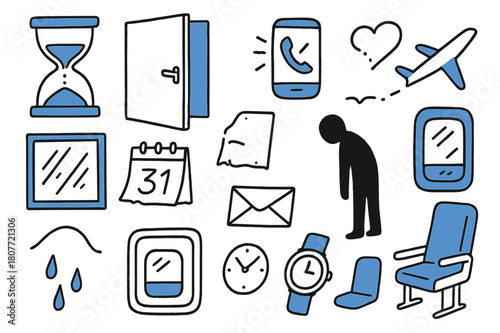 Lost Opportunity Symbols. // Lost chance. Hand-drawn doodle illustration lost chance [hourglass (accented), door closing (accented), calendar page torn, phone