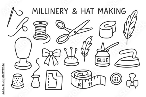 Millinery Tools Illustrated. Millinery and hat making. Hand-drawn doodle illustration Millinery and hat making sewing needle, thread spool, scissors, ribbon,