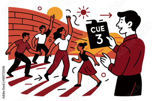 Golden Hour Rehearsal. Amphitheater ? Golden Hour Rehearsal. Performers block scenes with relaxed focus; sun streaks carve long shadows on the stone floor.